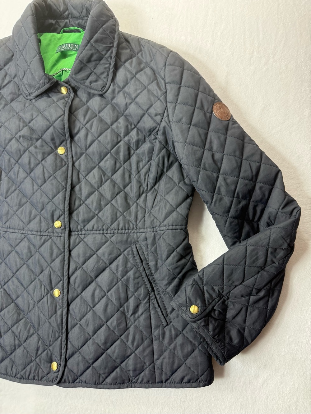 Lauren Ralph Lauren Women’s Large Black Quilted Jacket Green Lining Gold Snap - Picture 6 of 13